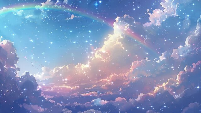 clouds stars and rainbow on blue sky background. seamless looping overlay 4k virtual video animation background