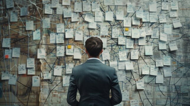 Man in front of wall full of notes