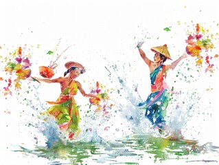 Joyful watercolor depiction of Songkran with splashing water and traditional attire