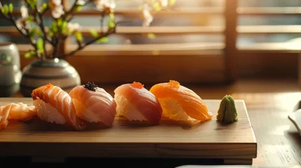 Fotobehang Traditional sushi set against a modern backdrop © WARIT_S