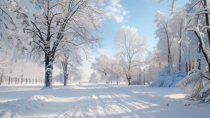Beautiful winter landscape with trees covered with hoarfrost and snow