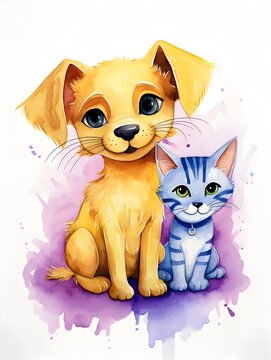 Whimsical Watercolor  of Playful Canine and Feline Companions