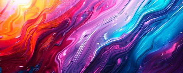 A fluid dance of colors, this vibrant abstract background blends pink, purple, and blue with a glossy finish, ideal for artistic or tech designs. - obrazy, fototapety, plakaty