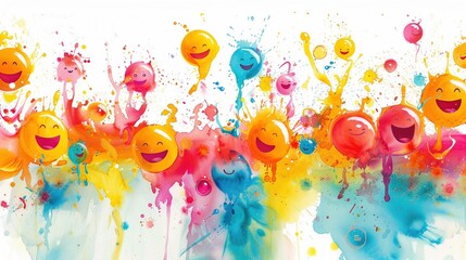 Vibrant Songkran watercolor with smiling faces and playful water splashes
