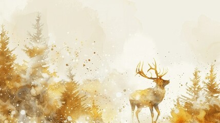 Watercolor golden deer in a mystical forest