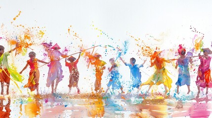 Watercolor image of Songkran festivities showcasing the spirit of renewal and community
