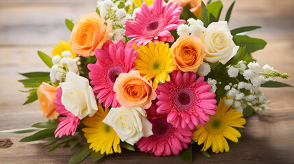 Vibrant Blossom: An Artistic Arrangement of Fresh Roses, Tulips, Daisies with Rustic Background