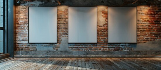 Three empty white papers are displayed on the wall as placeholders for artwork, photographs, posters, and prints.