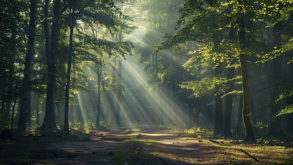 Morning in the forest with sunbeams and rays of light.
