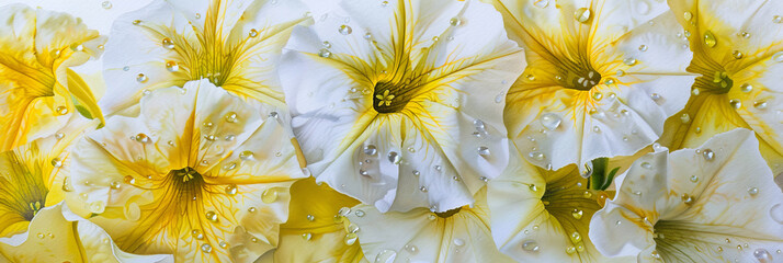 watercolor painting of yellow and white petunias with dew drops on petals, generative AI - obrazy, fototapety, plakaty