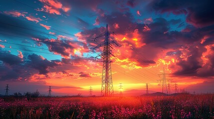 Silhouette of High voltage electric tower on sunset time background