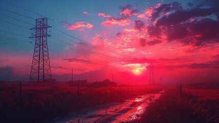 Silhouette of High voltage electric tower on sunset time background
