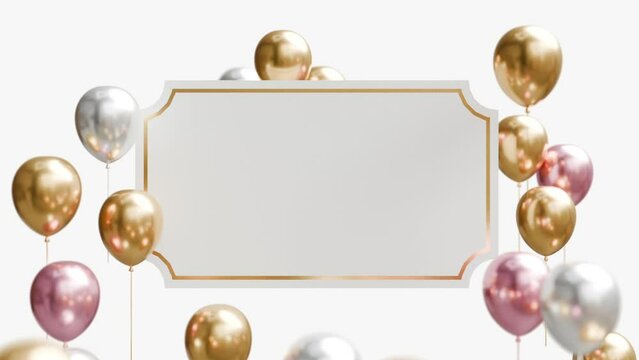 A festive animation with a blank white frame and numerous gold, silver, and pink balloons on a white background. Perfect for celebrations or invitations.