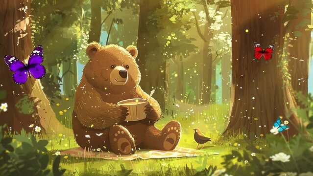 illustration of a lovable cartoon bear enjoying a honey. seamless looping overlay 4k virtual video animation background