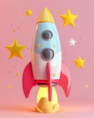Cartoon graphics of whimsical space exploration in pastels, stars twinkle in fun patterns ,3D render