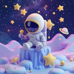 Cartoon space adventure in soft pastels, playful exploration among the stars ,3D render