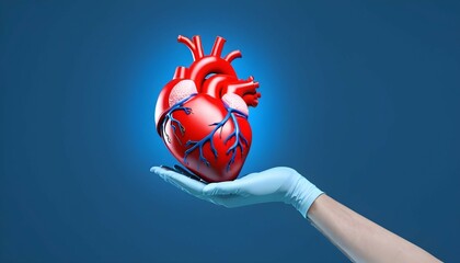 Hand in medical gloves in shape of heart on blue background. - obrazy, fototapety, plakaty
