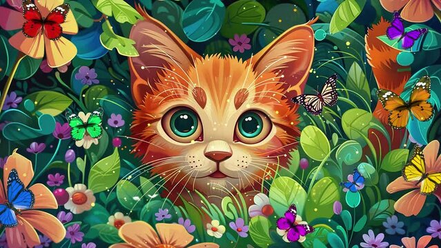  a mischievous cartoon cat sneaking illustration. cute cat with big eyes. seamless looping overlay 4k virtual video animation background