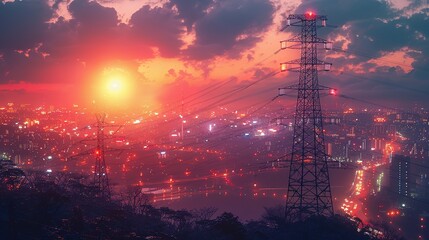 Silhouette of High voltage electric tower on sunset time background