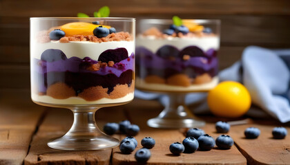 A trifle dish filled with layers of cake and topped with whipped cream and fruit. - Powered by Adobe