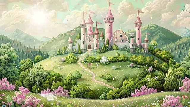 illustration of a whimsical fairytale castle nestled. seamless looping overlay 4k virtual video animation background