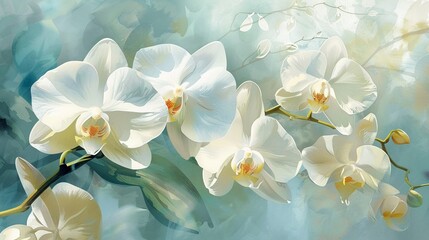 White orchid bloom watercolor purity subtle shading delicate elegance airy backdrop