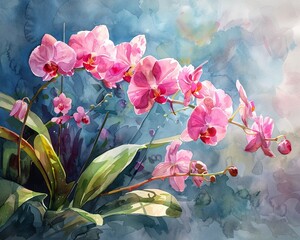 Vibrant pink orchid watercolor delicacy graceful stems lush greenery sophisticated ambiance - obrazy, fototapety, plakaty