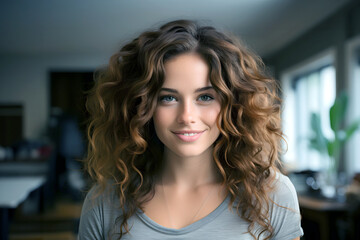 portrait of a beautiful young woman with luxuriant hair in the room. female beauty and health in youth