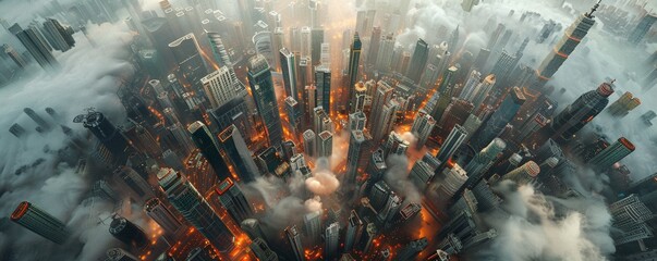 Dazzle clients with a top-down view of a cityscape merging utopian and dystopian features Depict contrasting scenes like renewable energy skyscrapers alongside polluted slums, reflecting modern societ - obrazy, fototapety, plakaty