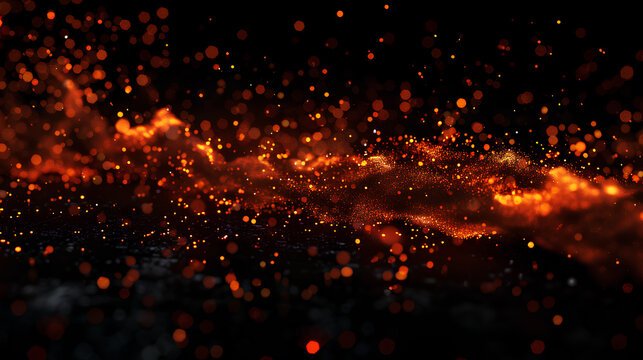 The image is of a fire with a lot of sparks flying out of it. The fire is orange and the sparks are small and scattered. The scene is intense and dramatic, as the fire seems to be spreading rapidly