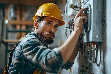 portrait of an electrician. male worker in a protective helmet and overalls works in production. industrial industry - obrazy, fototapety, plakaty