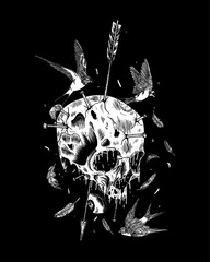 death metal horror illustration of skulls, arrows, and birds