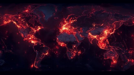 A map of the world showcasing continents, countries, and oceans in red and black colors. - obrazy, fototapety, plakaty