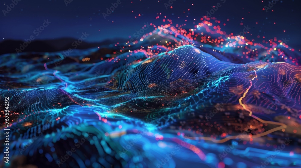 Poster a computer generated depiction of a vast mountain range, showcasing towering peaks and deep valleys.