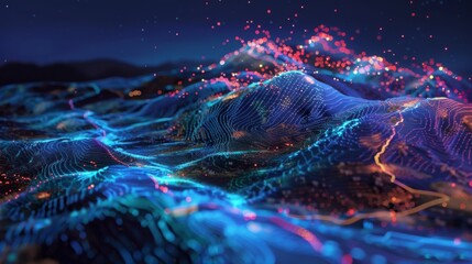 A computer generated depiction of a vast mountain range, showcasing towering peaks and deep valleys.