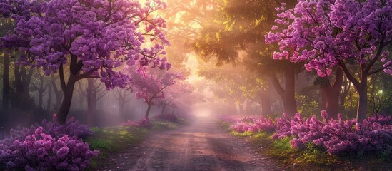 Fantasy setting of a magical forest with a road running through it, showcasing a lovely spring scene with blooming lilac trees.