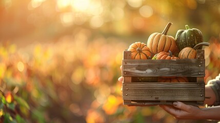 Hand holding a wooden box with harvested pumpkin vegetables on a blurry farm field background. - obrazy, fototapety, plakaty