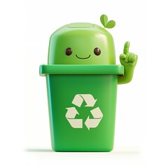 Cute 3D illustration of a green recycle bin, smiling and making a positive sign with his hand