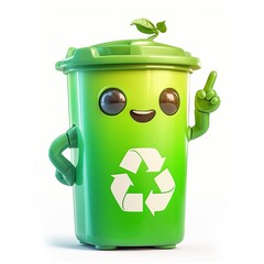 Cute 3D illustration of a green recycle bin, smiling and making a positive sign with his hand