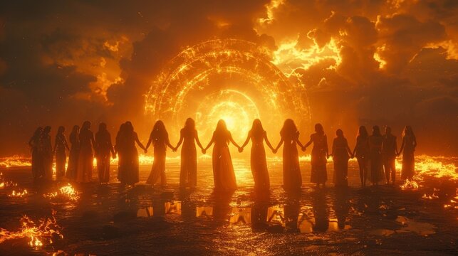 A group of people holding hands in a circle surrounded by the wheel of karma symbolizing the interconnectedness of all beings and the shared responsibility in shaping our