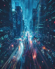 Illustrate a modern cityscape with glowing digital pathways intertwining between buildings, conveying the interconnectedness of minds through technology and the emergence of collective consciousness - obrazy, fototapety, plakaty