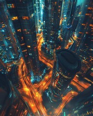 Illustrate a modern cityscape with glowing digital pathways intertwining between buildings, conveying the interconnectedness of minds through technology and the emergence of collective consciousness - obrazy, fototapety, plakaty