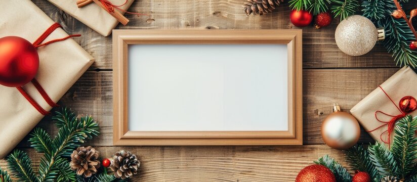 Christmas photo frame mockup template with decorations on a wooden table seen from a top perspective.