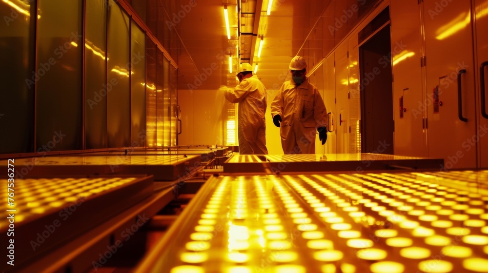 Poster factory workers testing newly manufactured solar panels in a simulated sunlight chamber ensuring max