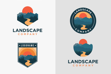 Set of badge emblem mountain and river landscape adventure logo icon vector template on light background
