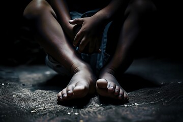 Close-Up of Child's Bare Feet in Dim Lighting - obrazy, fototapety, plakaty