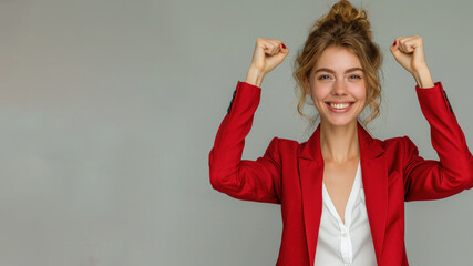 Caucasian businesswoman wearing red formal suit, smiling and raised hands
