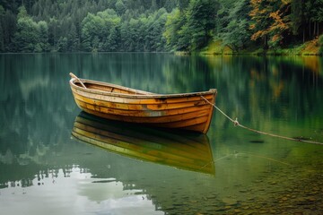 Obraz premium Green boat on calm lake water surrounded by forest