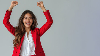 Indian businesswoman wearing red formal suit, smiling and raised hands