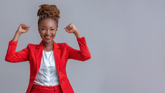 Buntu businesswoman wearing red formal suit, smiling and raised hands